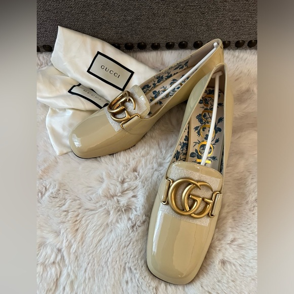 New Gucci marmont GG Victoire Vernice 55mm Loafer Pumps 39 Sand Storm - Picture 10 of 11